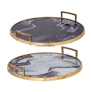 Bandeja de servicio de forma redonda hecha de mármol de Color negro con textura elegante única con mango de Metal chapado en oro y suministros de bordes de diseñador - Product Image 6