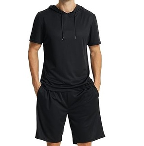 Custom Fashion Summer Black Color Casual <b>Fleece</b> Two Piece <b>Mens</b> Clothing Hoodies <b>Short</b> Set Breathable Outdoor Hoodie <b>Shorts</b> Sets - Product Image 1