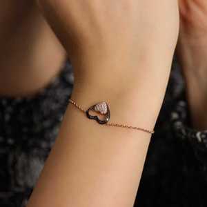 925 Sterling <b>Silver</b> Heart Key Model Crystal <b>Bracelet</b> with Pink Black and White Stones Elegant <b>Bangles</b> - Product Image 1