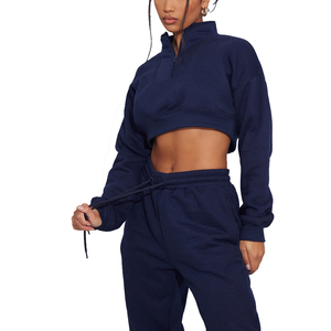 Femmes Logo personnalisé coton cordon Yoga haut à capuche recadrée à capuche pour les sports d'hiver entraînement goutte épaule haut actif - Product Image 1