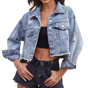 Top <b>Sale</b> Autumn and <b>Spring</b> Crop Women's Denim Jean Jacket Turn Down Collar Pocket Loose Jacket For Women with OEM Service - Product Image 1