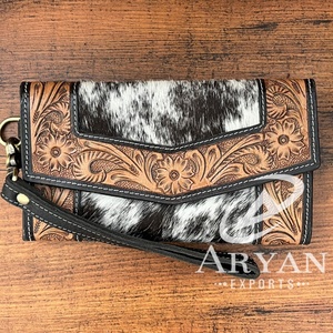 2024 venta al por mayor personalizado mano Tooled cuero embrague monedero occidental de alta calidad de cuero de vaca Floral tarjetero para mujer - Product Image 1