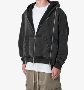 Sweats à capuche en coton éponge lavé 100% personnalisés pour hommes de haute qualité Vintage Distressed Acid Wash Zip-Up Design pour l'hiver - Product Image 3
