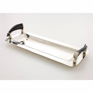 Bandeja Rectangular Plateada de Estilo Art Deco Moderno - Elegante Bandeja de Servir de Metal Forjado a Mano con Asas de Resina Negra/Cuerno - Product Image 3