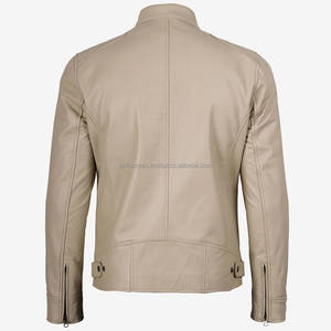 Chaqueta de Motociclista de Cuero Auténtico Beige para Hombre, Estilo Urbano, Cuello Alto, Cierres Frontales, Cintura Ajustable, Transpirable, para Invierno - Product Image 5