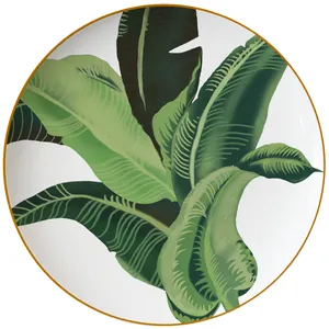 热卖圆形漂亮绿色香蕉叶瓷器餐具餐饮餐盘套装
