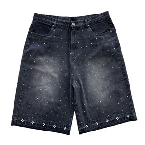 Pantalones cortos de mezclilla de algodón lavados oscuros con diamantes de imitación holgados personalizados para hombre, Pantalones vaqueros de moda para hombre, pantalones cortos rectos de verano para la calle - Product Image 1