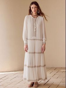 Vestido Maxi Informal de Mujer para Festivales, Tejido, con Decoración Bordada, Tela Blanca, Manga Corta, Cintura Ajustada, Forro Natural de Algodón - Product Image 6