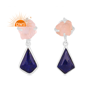 Meilleures ventes de boucles d'oreilles en argent sterling fin en quartz rose naturel et lapis lazuli avec pierres précieuses bijoux personnalisés pour femmes - Product Image 1