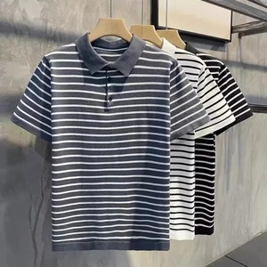 Summer Ice Silk T-Shirt Casual Slim Fit Lapel Breathable Quick Drying Men's Golf Polo Shirt Striped Short Sleeved Business Top - Product Image 5