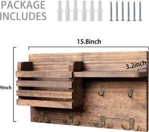 Porte-clés pour organisateur de courrier en bois décoratif mural 4 crochets doubles 2 crochets simples avec étagère flottante comprend le courrier - Product Image 2