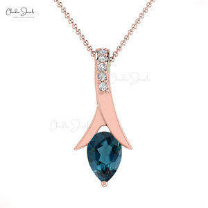 Pendentif incurvé en diamant pavé naturel de 0,9 mm avec pierre précieuse topaze bleue de Londres, collier en or massif 14 carats, bijoux de mariage en gros - Product Image 1