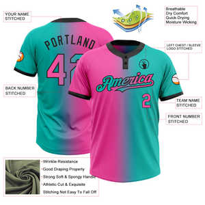 Factory Made Custom Unisex Two Button Sublimated Softball Jersey Aqua <b>Neon</b> Pink Gradient Embroidered Team Name and Number Shirt - Product Image 3