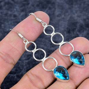 ต่างหู925สเตอริงสีฟ้าบุษราคัมทำด้วยมือพลอยลูกแพร์ทรงยาวชุบเงินสำหรับงานแต่งงานคริสเตียน - Product Image 1