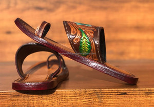 Chanclas planas para exterior informales de cuero de vaca de estilo occidental para mujer auténtica hechas a mano, calzado turquesa con punta abierta - Product Image 5