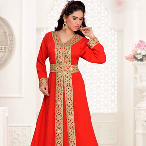 Caftanes islámicos Georgette bordados rojos con hijab a prueba de sol. - Product Image 1