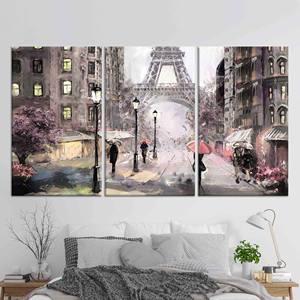 Eiffel Tower Canvas <b>Print</b>: Rainy Day Paris Street Scene Artwork,SET OF 3 CANVAS - Product Image 1