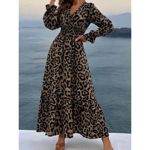 Robe longue à manches longues et col enroulé à imprimé léopard pour femme, 26837 - Product Image 3