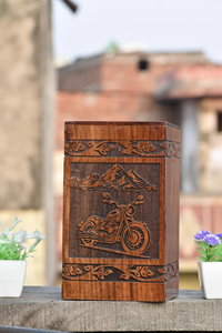 Urne funéraire de moto Boîte commémorative en bois fabriquée à la main avec des urnes de crémation de scène de montagne pour les amateurs de vélo - Product Image 2