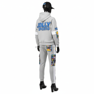 Conjunto Deportivo de Felpa Premium para Mujer, 320 GSM, Algodón y Poliéster, Gris con Paneles Azules, Sudadera con Capucha y Pantalones Jogger, Logotipo Personalizado, Tallas Grandes - Product Image 4