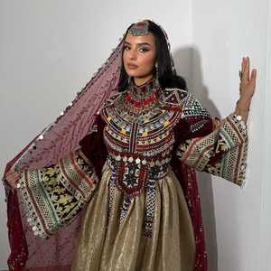 Afghan Kuchi Vestido de novia Ropa rosa y borlas multicolores Kuchi Vestido de novia Tribal Vestido afgano - Product Image 4