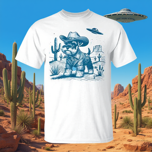 T-shirt Vintage Western Cowboy Schnauzer UFO, Abbigliamento Promozionale Stile Retrò - Product Image 3