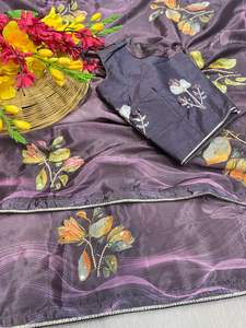 Élégant imprimé numérique délicat travail manuel Chinon soie bleu ciel Saree ethnique fantaisie Blouse exclusive fête de mariage porter Boutique - Product Image 4