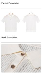 China Bangladesh Factory Price OEM Customized Logo Embroidery French Style <b>Polo</b> Collar Hollow Knit Womens Loose Casual <b>Top</b> Shirt - Product Image 5