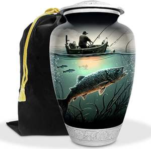 Urna de pesca de latón de Metal grande hecha a mano al por mayor de fábrica directa, urna de cremación decorativa conmemorativa moderna, tema de pesca de cenizas - Product Image 1