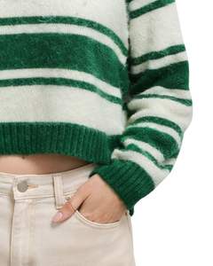Custom Green <b>White</b> Striped <b>Women</b> V Neck Knit Sweater Soft Fuzzy Fabric Long Sleeve Cropped Winter Casual Fashion Pullover - Product Image 6