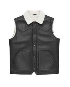 <b>Men</b> <b>Black</b> Genuine Leather Shearling Collar Vest Sleeveless Button Front <b>Waistcoat</b> with Warm Lined Interior - Product Image 1