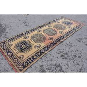 พรมขนสัตว์สีเบจสีน้ำเงินคลาสสิกงานเย็บปะสี่เหลี่ยมผืนผ้าตุรกี4.3 x 11.3ft ทำด้วยมือพร้อมแผ่นยางรองหลังสำหรับห้องนั่งเล่นวัยรุ่นขนาดใหญ่ - Product Image 3