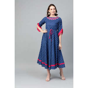 Cambric algodón Anarkali Kurta vestido bordado Ikat estampado Casual vestidos azules - Product Image 1