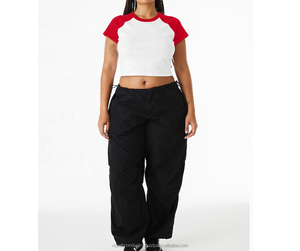 Brand New White <b>Red</b> Crop Tops Rib Raglan Baby Tee Classic Baseball Style Cap Sleeves with Breathable Cotton t Shirts - Product Image 4