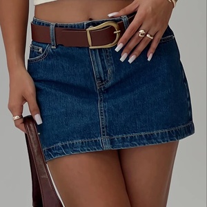 กระโปรงยีนส์ทรงเอวสูงสำหรับผู้หญิง - สีฟ้าอ่อนแบบวินเทจฟอกสี, ผ้าฝ้าย 100% กระโปรงยีนส์ทรงยกกระชับสะโพก - Product Image 1