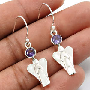 Améthyste violette naturelle faite à la main 925 bijoux en argent Sterling massif boucle d'oreille bijoux de bohème faits à la main avec pierre précieuse coupe ronde - Product Image 3
