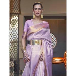 Impresionante Sari de Seda Lavanda con Bordado Zari y Blusa para Bodas - Product Image 4