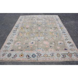 พรมวินเทจตุรกีขนาด 9.3x12.3 ฟุต พรมขนาดใหญ่ พรมขนสัตว์สีเทา-น้ำเงินลายแบบนามธรรม - Product Image 1