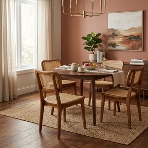 Chaise de salle à manger moderne en rotin naturel et bois massif, avec cadre en teck artisanal et dossier en cannage, pour cuisine et café - Product Image 5