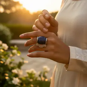 Anillo de Plata 925 con Piedra Azul para Mujer, Ajustable, Estilo Étnico, Joyería de Boda, Material de Latón Plateado - Product Image 3