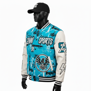 Veste universitaire en laine mélangée de qualité supérieure 400GSM avec manches en cuir PU, panneaux bleus et blancs, broderie personnalisée, veste universitaire pour hommes - Product Image 2