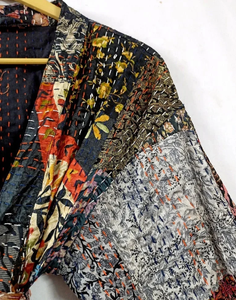 Pardessus de bain en soie patchwork multicolore Kantha pour femmes imprimé floral col en V fermeture à cordon respirant Style quotidien Kimono gratuit - Product Image 2