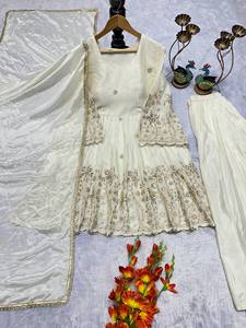 NEW DESIGNER REVERSER MODERN STYLE PARTY WEAR PALAZZO FANCY DUPPATA EMBROIDERY WORK HEAVY CHINON <b>SILK</b> for WEDDING DIWALI Zain - Product Image 4