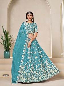 Lehenga Choli Neeta Creation Designer Moderne, coupe fourreau, longueur ras du sol, style vintage, col rond, broderie ethnique, en organza, taille princesse - Product Image 3