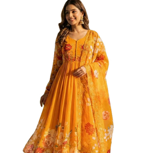 Robe Anarkali / Longue Robe de Soirée en Soie Georgette de Qualité Supérieure avec Motifs Faits Main sur le Col et les Manches pour Adulte – Confort Estival - Product Image 1