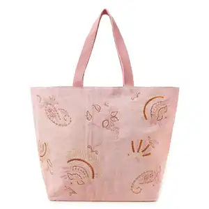 최신 디자이너 핑크 코튼 캔버스 쇼핑 토트 백 수 놓은 쉘 여름과 봄에 대 한 유행 핸드백