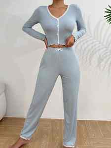 2025 automne hiver Collection femmes Sexy dentelle pyjamas ensemble à manches longues chemise taille élastique pantalon confortable vêtements de détente - Product Image 6
