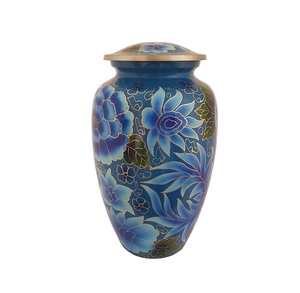 Urna de cremación de aluminio azul y dorado con diseño de flor de cuerpo completo para cenizas humanas y de mascotas Recuerdo de metal para funerales - Product Image 1