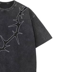 T-shirt unisexe en coton noir délavé surdimensionné, imprimé abstrait de pointes, délavage acide, épaules tombantes, streetwear, décontracté, pour l'été - Product Image 2