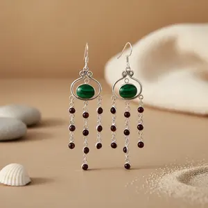 Boucles d'oreilles pendantes en argent 925 avec malachite et grenat, plaquées or et or rose, cadeau religieux pour femmes pour les fêtes - Product Image 3